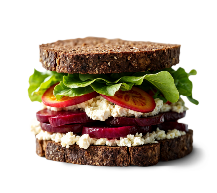 Sandwitch composé de deux partines de pain nordique, fromage végétale, beteraves, tomates et salade. image utilisé pour la page Produits Lamievégé Découvrez les Produits Lamievégé sucré et salé 100% d'origine végétal. Une alternative saine et savoureuse.
