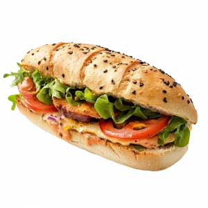 Photo du sandwitch savoyard, paion aux graines de pavot, fauxmage, sauce coktail, pané végétal, tomates, salade.