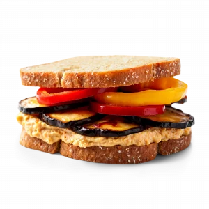 Découvrez notre Sandwich Végétal "Le Provençal", Sandwich composé de deux tartine de pain, du houmous, des aubergines et des poivrons.