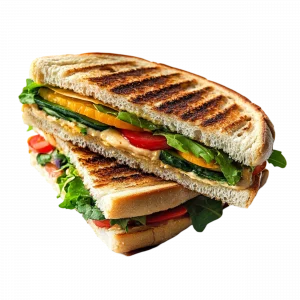 Photo du croque estival: pain grillé, fauxmage, poivrons, tomates, salade, sauce coktail.